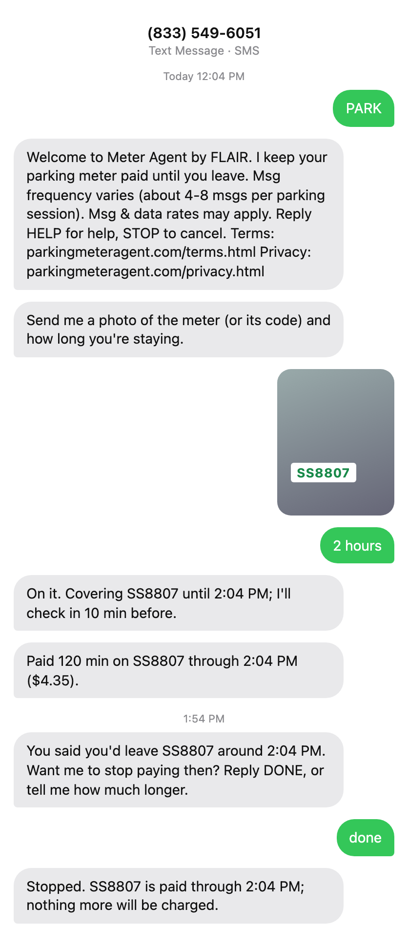 Example text conversation with the LA Parking Meter Agent: the user texts PARK, sends a meter photo and '2 hours', and gets payment confirmations and a check-in before their leave time.