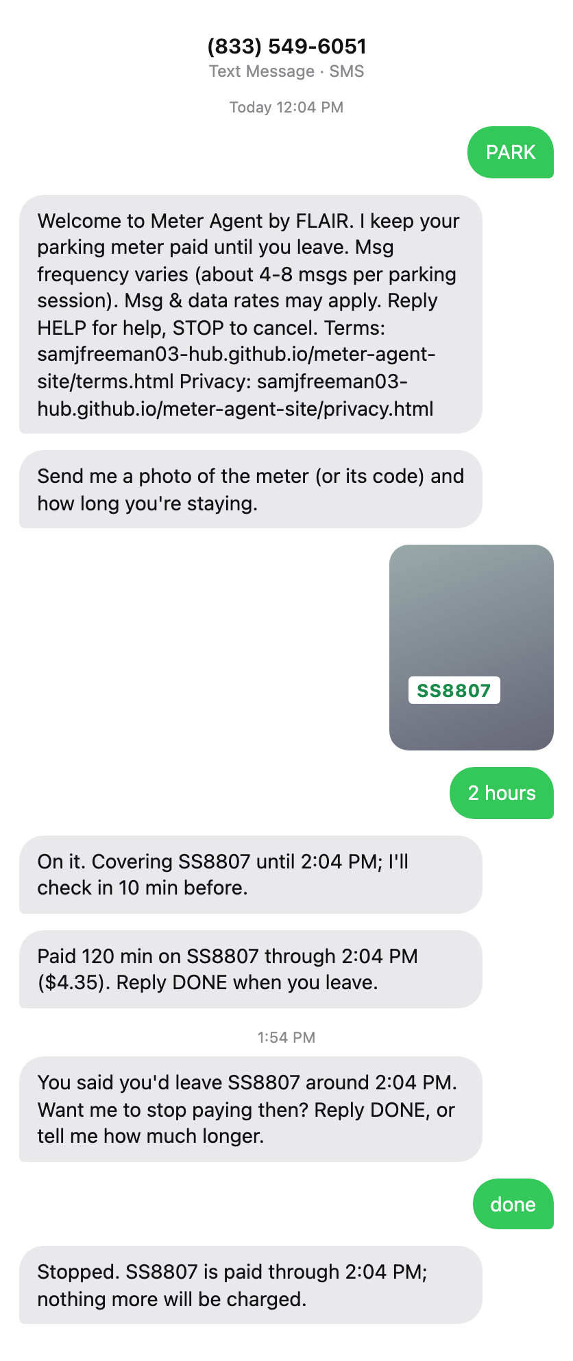 Example text conversation with the LA Parking Meter Agent: the user texts PARK, sends a meter photo and '2 hours', and gets payment confirmations and a check-in before their leave time.